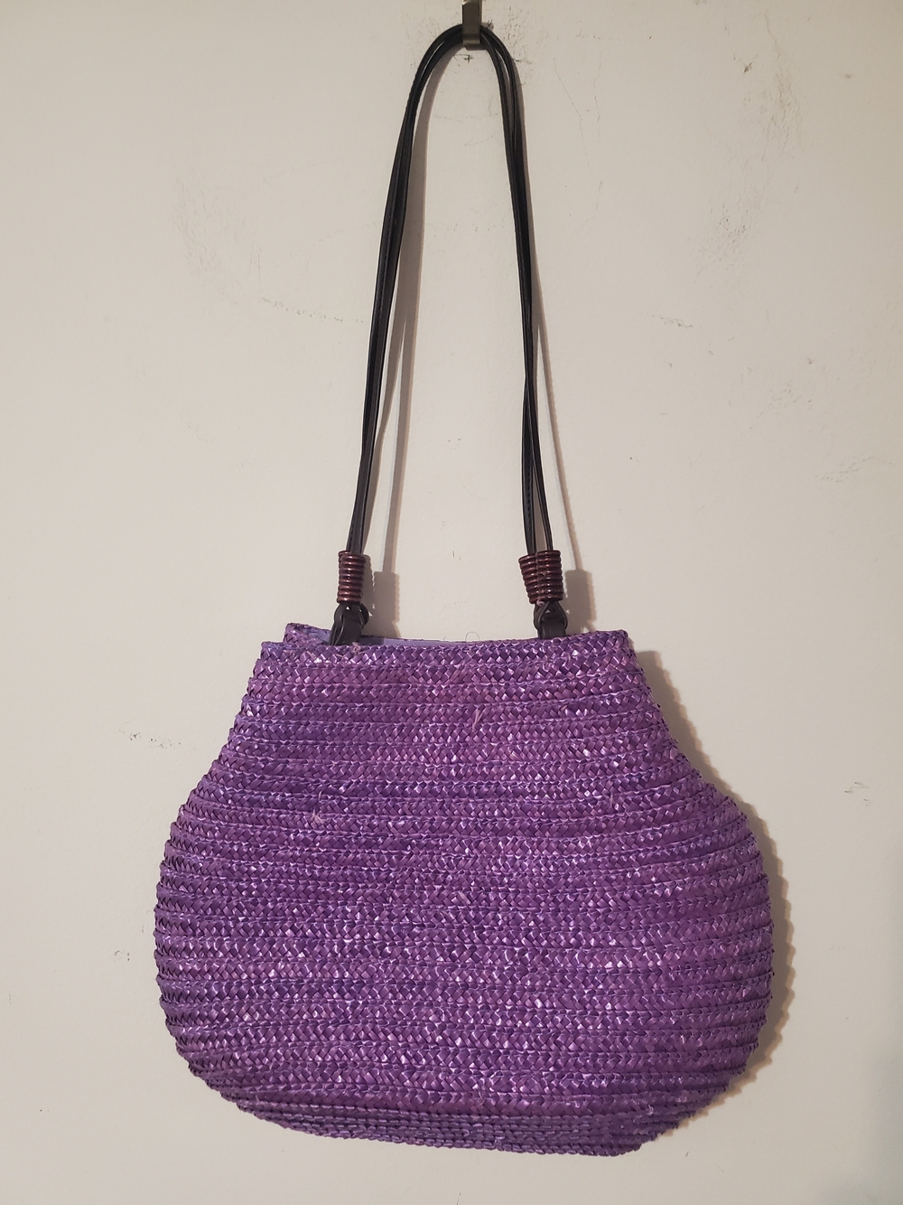 Vintage Purple Woven Straw Tote Bag Bohemian Beach Resort